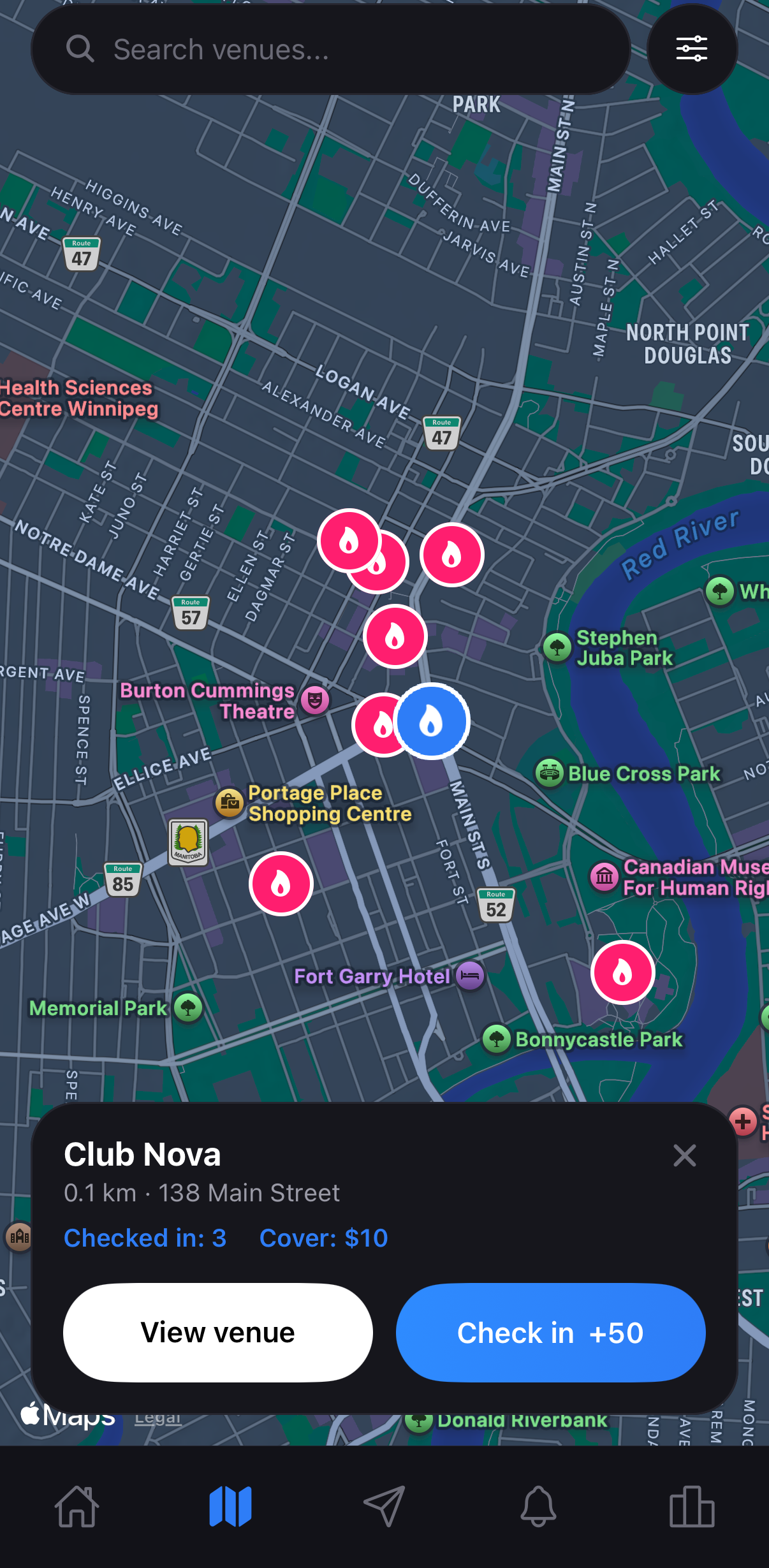 HotSpot map with a venue card open, showing check-ins and cover charge for Club Nova