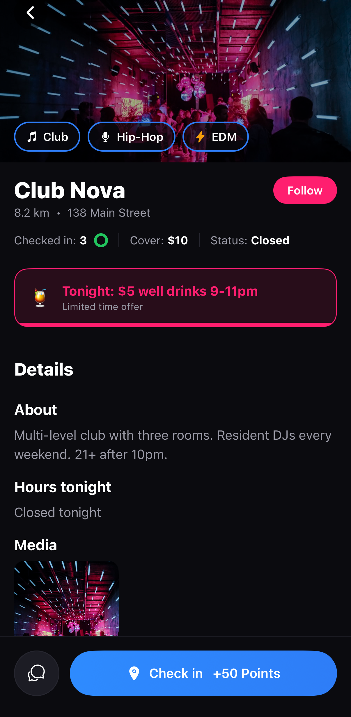 HotSpot venue detail page for Club Nova with a check-in button and a limited-time drink deal