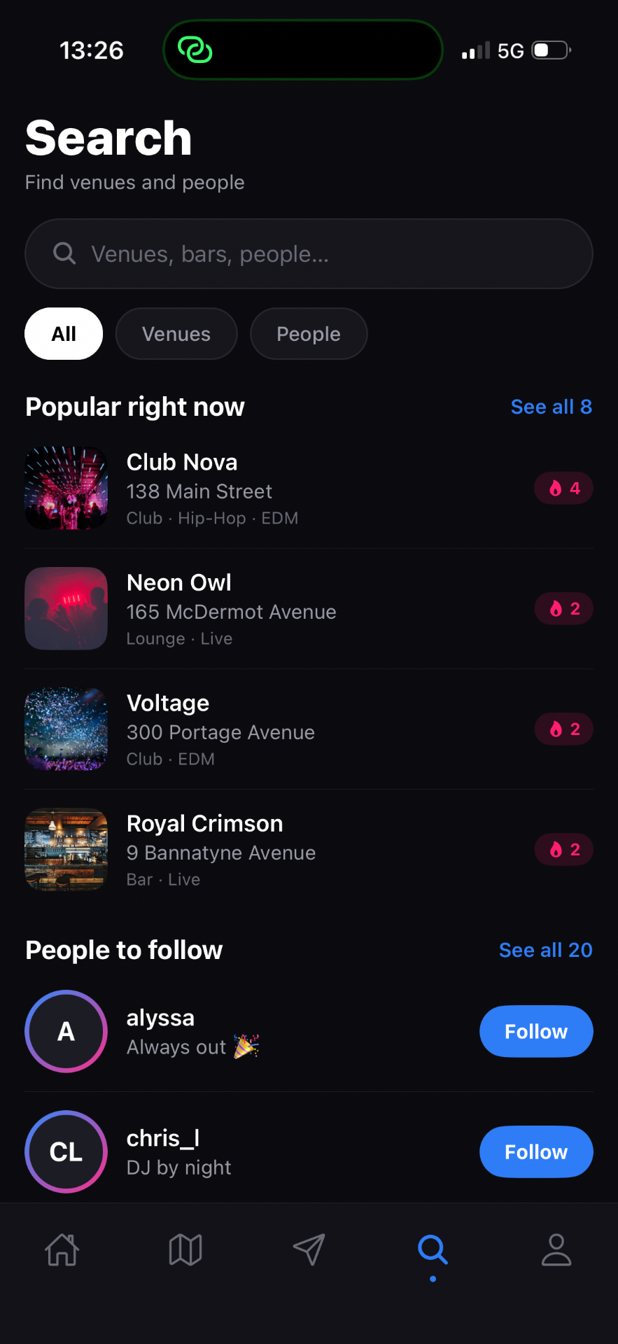 HotSpot search showing popular Winnipeg venues and people to follow