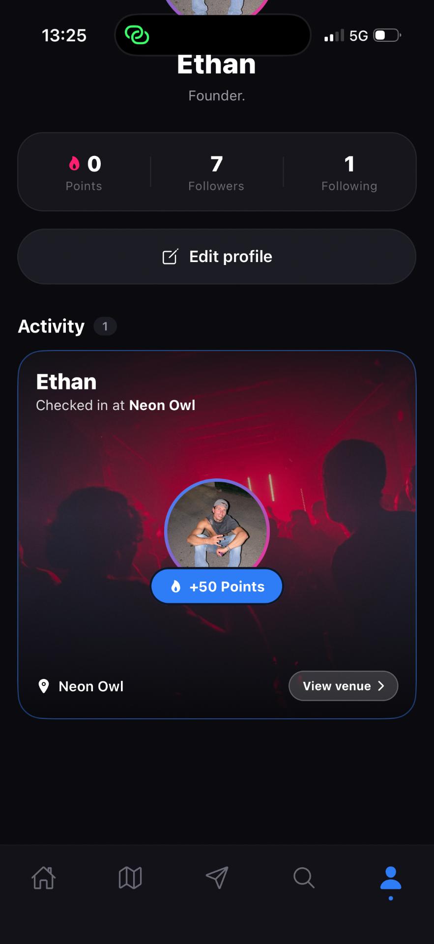 HotSpot profile showing activity, followers and a Neon Owl check-in