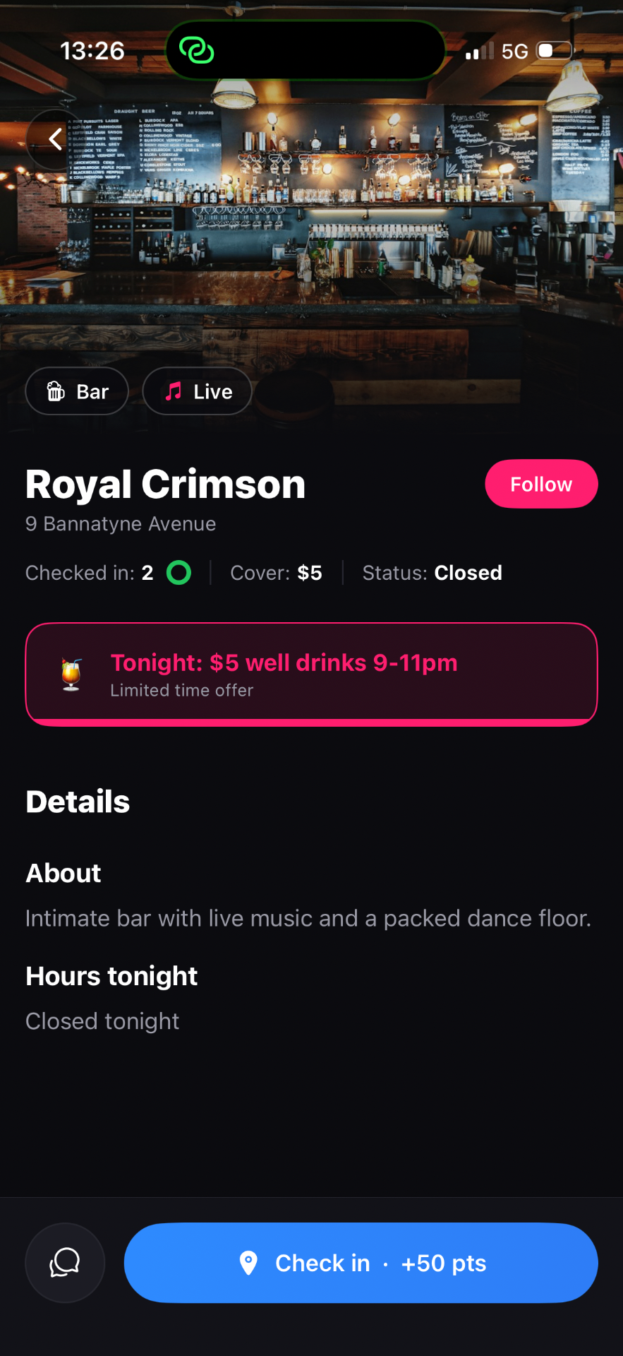 Royal Crimson venue page with tonight's deal, status, cover and check-in reward