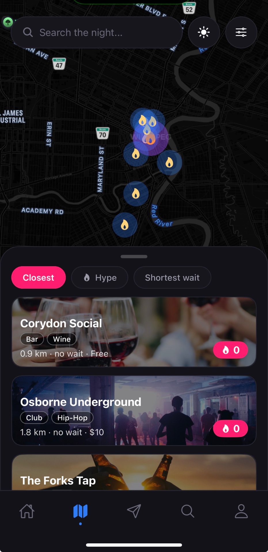HotSpot live map showing active Winnipeg venues and wait filters