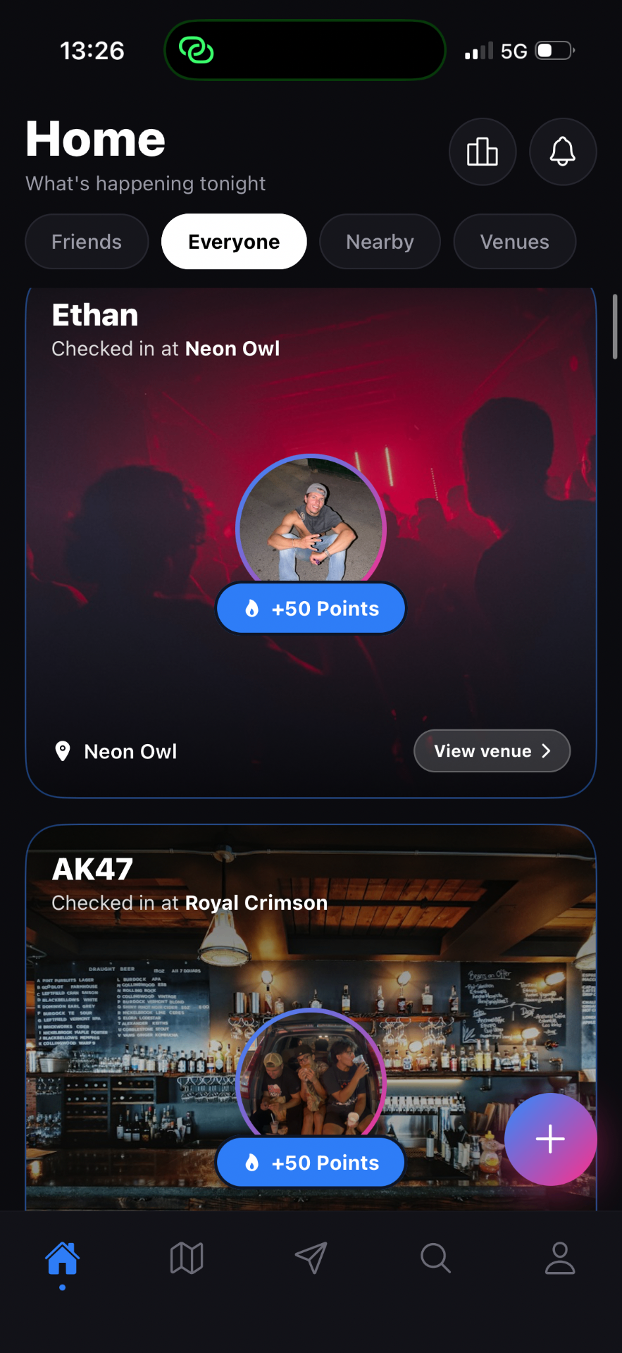 HotSpot home feed showing live check-ins at Neon Owl and Royal Crimson