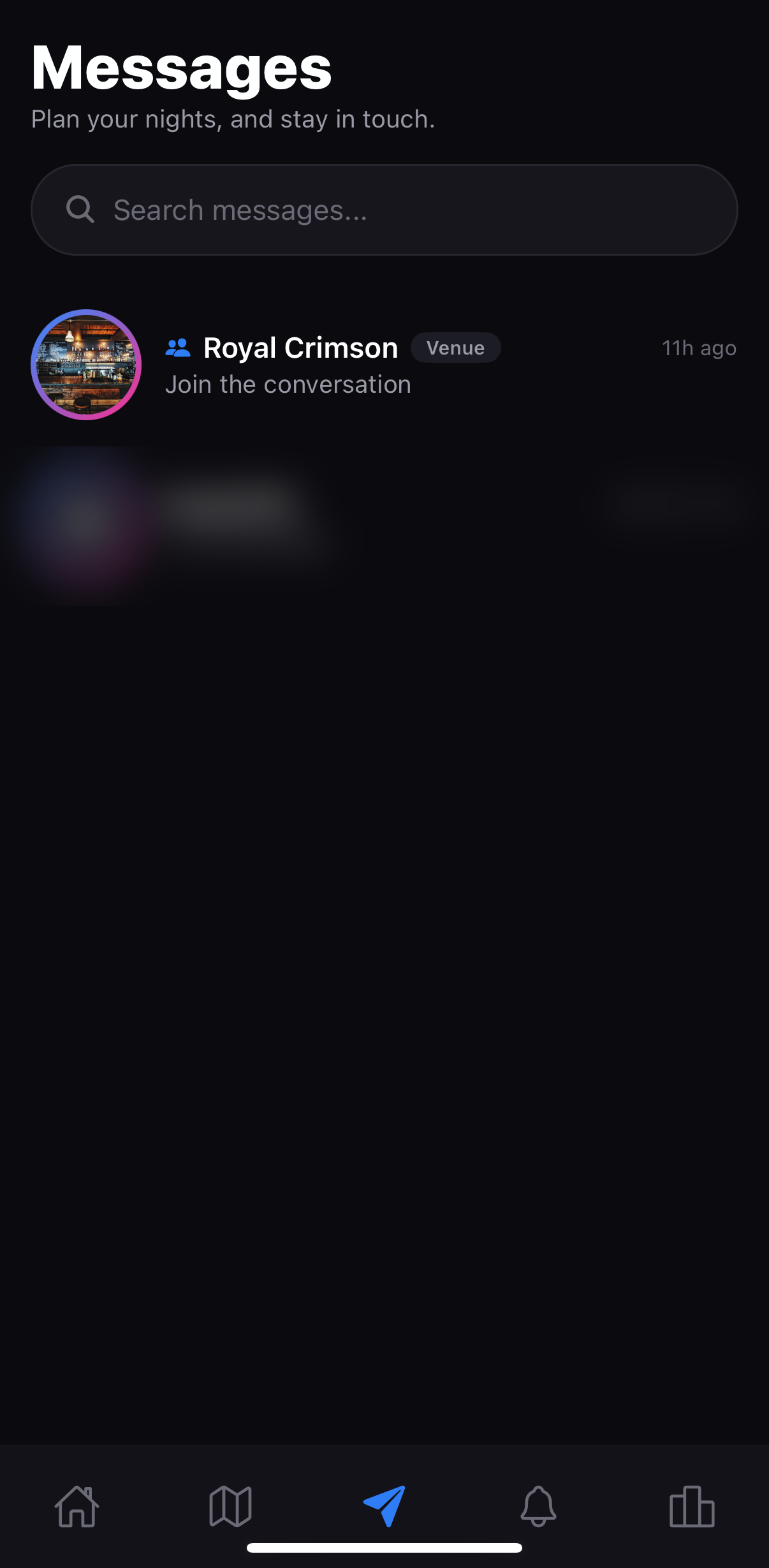 HotSpot messages screen for planning a night out and talking to venues